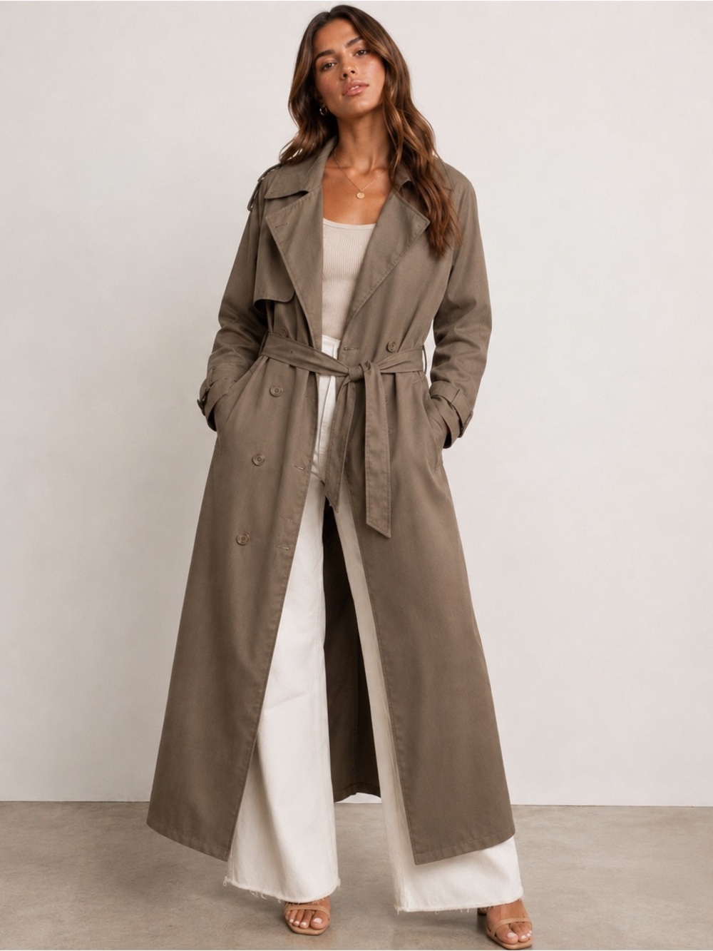 Lioness Trench Coat Medium Taupe Belted Double Breasted Maxi Lightweight NWOT